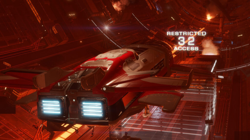A Beluga type space ship approaching the landing pad in a burning station.
